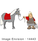 #14443 Roman Solder Holding A Sword And The Reins To His Horse Clipart