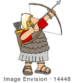 #14448 Roman Archer Soldier In Uniform Sandals And Gold Helmet Aiming A Bow And Arrow Clipart