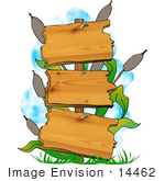 #14462 Three Tiered Wooden Sign And Cattails In A Swamp Clipart