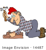#14487 Carpenter Man Hammering A Nail Into Wood Clipart