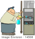 #14508 Middle Aged Caucasian Man Checking A Furnace For Gas Leaks Clipart