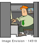 #14519 Caucasian Man Typing On A Computer In His Office Cubicle At Work Clipart
