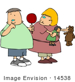 #14538 Boy Holding A Sucker Picking His Nose Girl Holding A Doll And Teddy Bear Clipart