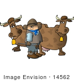 #14562 Cowboy Holding A Branding Iron By Two Cows Clipart