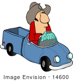 #14600 Caucasian Cowboy Man Driving A Tiny Blue Pickup Truck Clipart