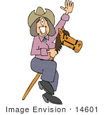 #14601 Cowgirl Woman Waving And Riding A Sick Pony Horse Toy Clipart