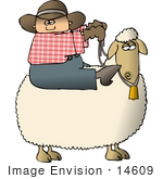 #14609 Caucasian Cowboy Riding A Sheep Clipart