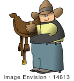 #14613 Caucasian Cowboy Carrying A Brown Leather Saddle Clipart