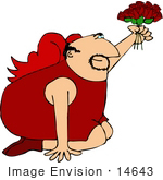 #14643 Bald Middle Aged Caucasian Cupid Holding A Dozen Roses Clipart