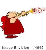 #14645 Cupid Man Playing A Trumpet With Flying Hearts Clipart