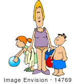 #14769 Mother And Children Ready For Beach Fun Clipart