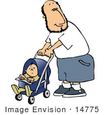 #14775 Caucasian Father Man Pushing A Baby In A Stroller Clipart
