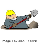 #14820 Man In A Hardhat And Coveralls Digging A Ditch Clipart