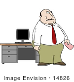 #14826 Chubby Caucasian Business Man Standing By His Computer And Desk Clipart