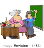#14831 Teacher And Boy At A Blackboard Solving A Math Problem Clipart