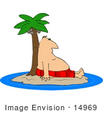 #14969 Chubby Man Stranded On An Island With A Palm Tree Clipart