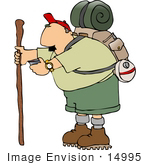 #14995 Middle Aged Hiker Man With Camping Gear And Stick Clipart