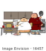 #16457 Woman About To Hit Her Husband On The Head With A Frying Pan While He Eats Breakfast And Reads The Paper Clipart