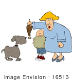 #16513 Woman And Boy Feeding A Dog A Chicken Leg Drumstick Clipart