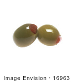 #16963 Picture Of Two Whole Pimento Stuffed Green Olives On A White Background