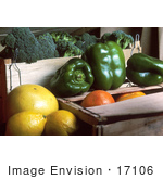 #17106 Picture Of Broccoli Green Bell Peppers Grapefruits And Oranges With Wooden Crates
