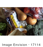 #17114 Picture Of Overflowing Filled Paper Grocery Bags With Tomatoes Pears Broccoli Kidney Beans And Bell Peppers