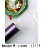 #17128 Picture Of A Bowl Of Cottage Cheese Cantaloupe Raspberries And Mint With A Spilled Glass Of Milk
