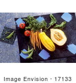 #17133 Picture Of Veggies (Pease Tomatoes Carrots Squash Spinach And Green Beans) On Marble Cutting Boards On A Counter Top