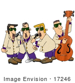 #17246 Men’S 1950’S With Three Vocalists Singing Into Microphones And A Double Bass Player Performing On Stage Clipart