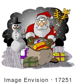 #17251 Santa Claus With A Sack Of Christmas Presents Rudolph The Red Nosed Reindeer And Frosty The Snowman Clipart