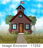 #17252 One Room Schoolhouse With A Bell Tower American Flag And Tether Ball Pole Clipart
