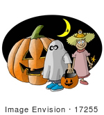 #17255 Two Halloween Trick-Or-Treaters A Ghost And Fairy Standing Under A Crescent Moon By A Jack-O-Lantern Clipart