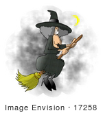 #17258 Gray Haired Female Halloween Witch Flying On Her Broom Stick In A Night Sky By A Crescent Moon Clipart