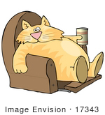 #17343 Chubby Lazy Orange Cat Drinking And Sitting With His Feet Up In A Lazy Chair Clipart