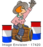 #17420 Red Haired Cowgirl Woman Riding A Woodel Barrel Instead Of A Horse Clipart