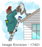 #17421 Man Installing A Satellite Dish On A House Roof Clipart