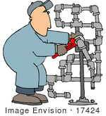 #17424 Man Fitting Pipes With A Pipe Wrench Clipart