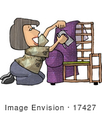 #17427 Woman Applying Purple Upholstery To A Chair Frame Clipart