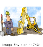 #17431 Construction Worker Man In A Hardhat With A Shovel And Backhoe Clipart