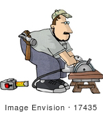 #17435 Carpenter Man Bending Over a Power Saw to Cut Wood Clipart by DJArt