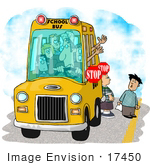 #17450 Shool Bus Driver Stopped With Kids Crossing The Street Clipart