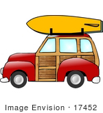 #17452 Woody Station Wagon Car With A Yellow Surfboard Clipart