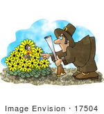 #17504 Pilgrim Man Hunting For A Turkey That Is Hiding In Daisies Clipart