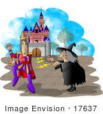 #17637 Warty Old Halloween Witch Casting A Spell On A Prince In Front Of A Castle Clipart