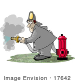 #17642 Firefighter Fire Man By A Hydrant Using A Hose Clipart