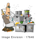 #17646 Food Health Inspector in a Gross Kitchen With Spills and Gnats Clipart by DJArt