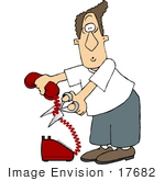 #17682 Caucasian Man Cutting The Cord On A Red Telephone Clipart