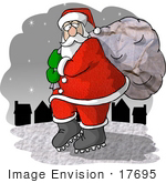 #17695 St Nicholas Tip Toeing On Snow Carrying A Heavy Sack By Houses Clipart