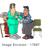 #17697 Male Nurse Taking A Man’S Blood Pressure Reading In A Hospital A Senior Woman With A Cane In The Background Clipart
