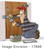 #17698 Locksmith Man Fixing Or Setting A Padlock On A Wodden Gate Clipart